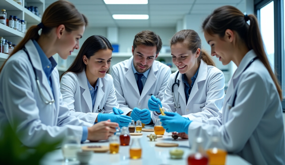 Zespół Glucorownowagad pracujący z naturalnymi składnikami w laboratorium, symbolizujący zaufanie i etykę.